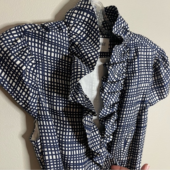 Elizabeth McKay Size 8 Scotland Dress Silk Wrap Navy White Ruffle Collar R16 - Picture 2 of 7